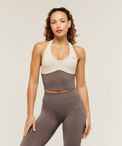 Colour Block Halter Neck Tank With Shelf - US 8772